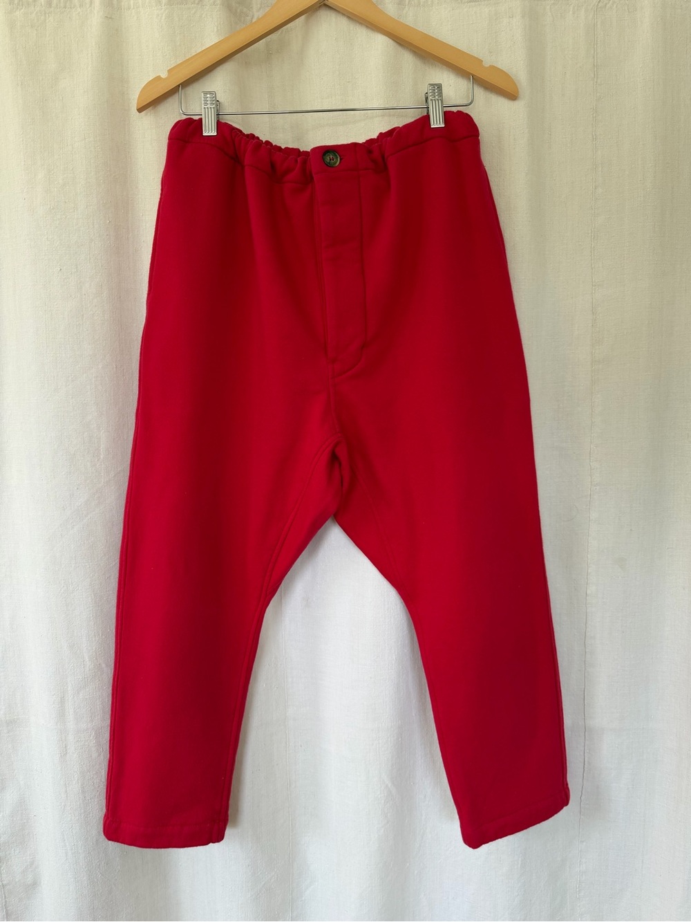 RTH Red Fleece Drop Crotch Cropped Pants Cinch Waist LA Designer